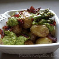 Pommes de terre de l'Ile de Ré, pesto d'asperges et chorizo croquant